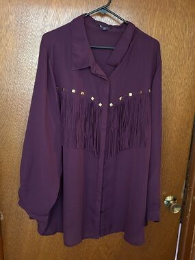 Roaman's Deep Plum Fringe-Back Button-Down Blouse with Gold Studs